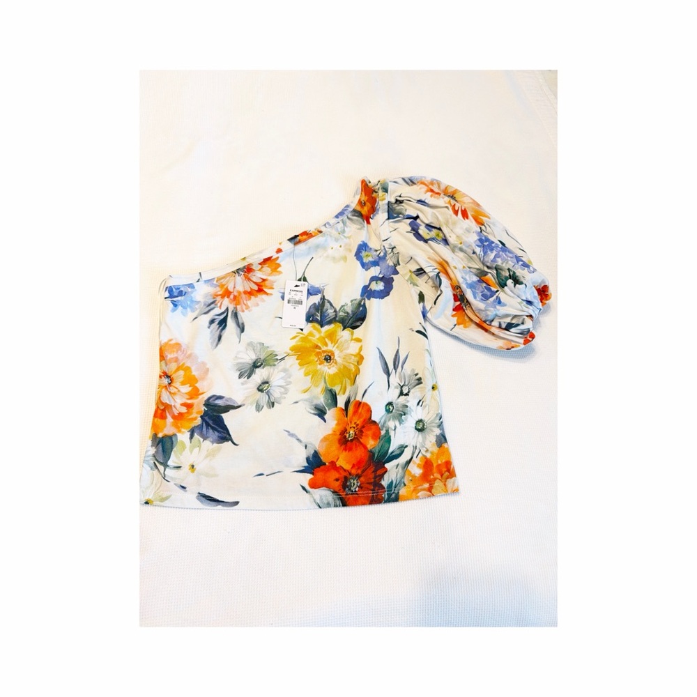 Express Floral Skimming One Shoulder Puff Sleeve Size XS NWT Multicolor
